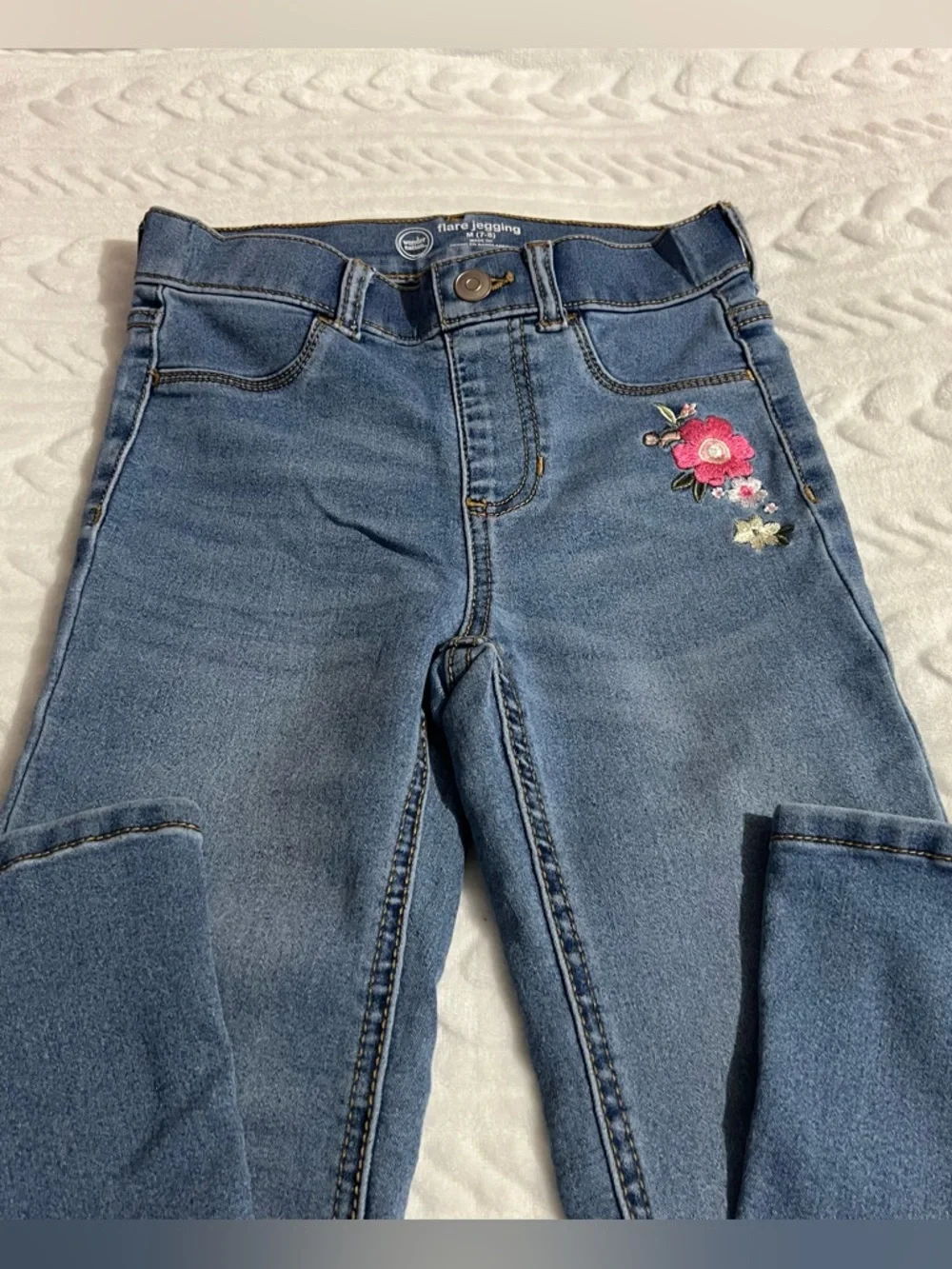 💗 Wonder Nation - Girls Blue Denim Jeans with Pink Floral Embroidery
